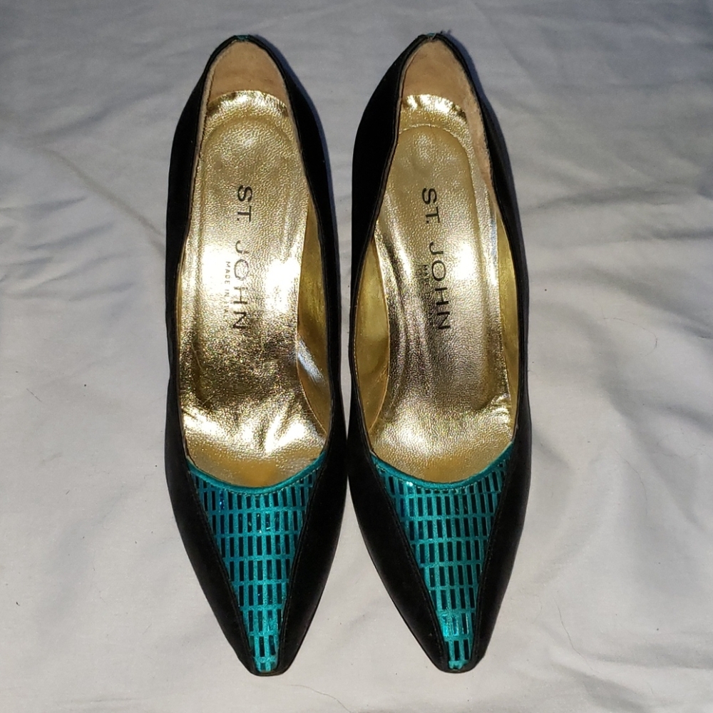 St. John Black Satin Green Sequin Heels